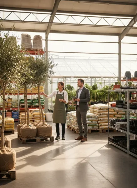 צוות מורגן מסייע ללקוח עסקי במחסן חומרי גינון וחקלאות