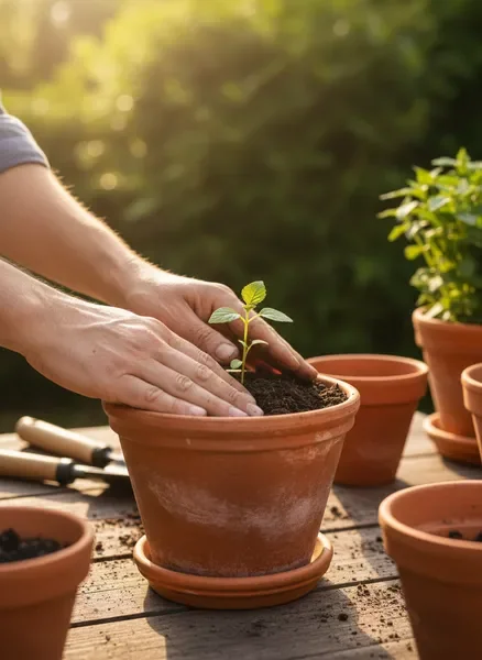 ידיים מנוסות שותלות שתיל בעציץ – ייעוץ גינון מקצועי