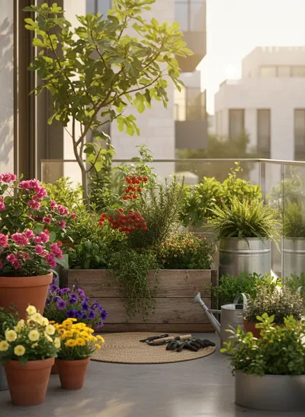 גינת בית ירוקה ומטופחת עם עציצים ועשבי תיבול בתאורת יום טבעית