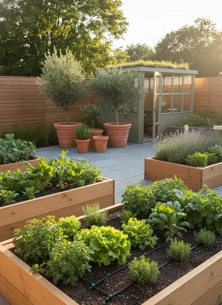 גינת חצר ביתית עם ערוגות גידול ועציצי חרס