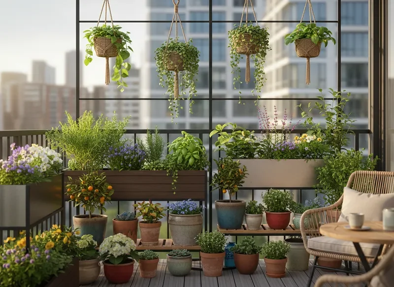 מרפסת עם עציצים ירוקים ופורחים