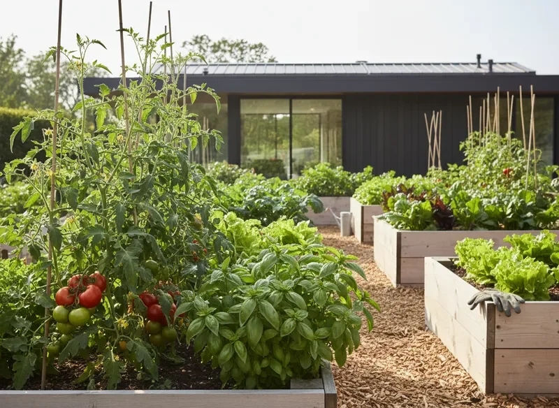 גינת ירקות ביתית עם עגבניות ועשבי תיבול
